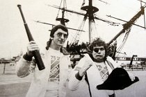 Simon Bates and Peter Powell near HMS Victory 1978.