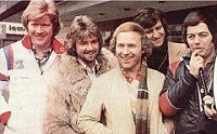 1977 - (L-R) David Jensen, Noel Edmonds, David Hamilton, Ed Stewart and Tony Blackburn whilst in Glasgow during a Radio 1 week in Scotland.